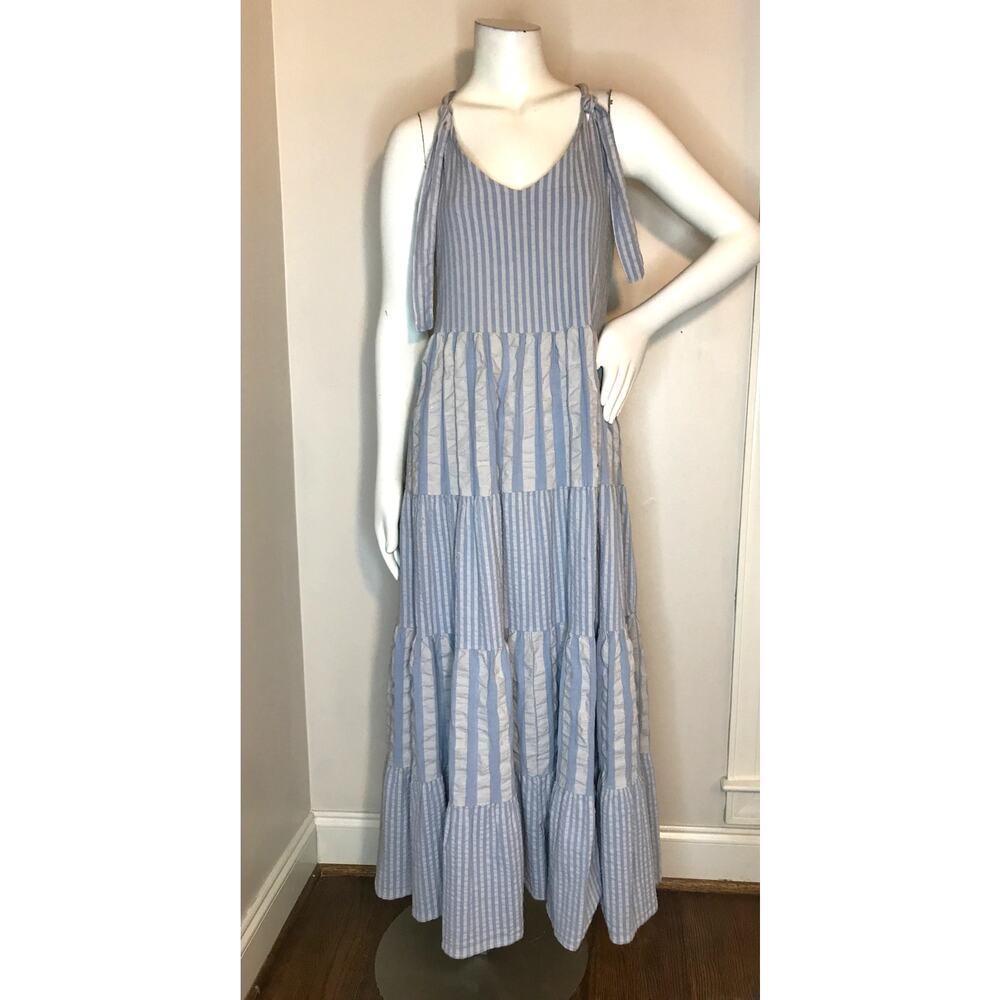 Self Contrast Seersucker Sleeveless Tiered Maxi Dress XS Blue Gray